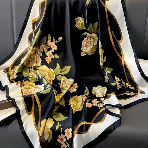 XMAS SALE Vintage Black and Gold Peony Flower Satin Scarf - Picture 4 of 6